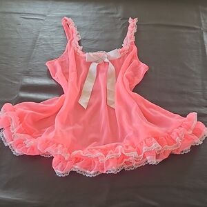 Victoria's Secret Hot Pink/ Coral mesh bow ruffle chemise top, babydoll.